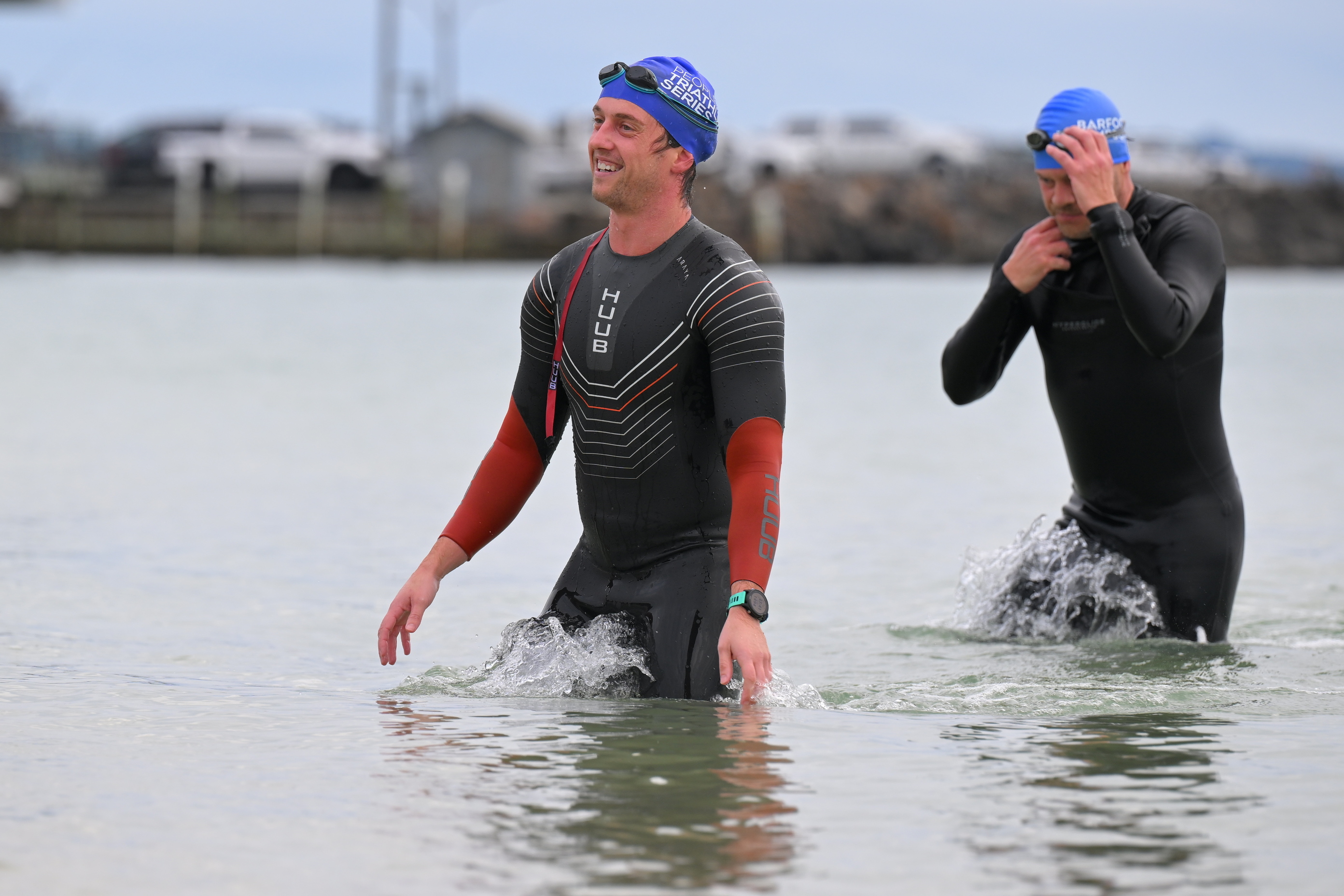 Tristen Oosthuizen finishing the swim leg of an endurance event
